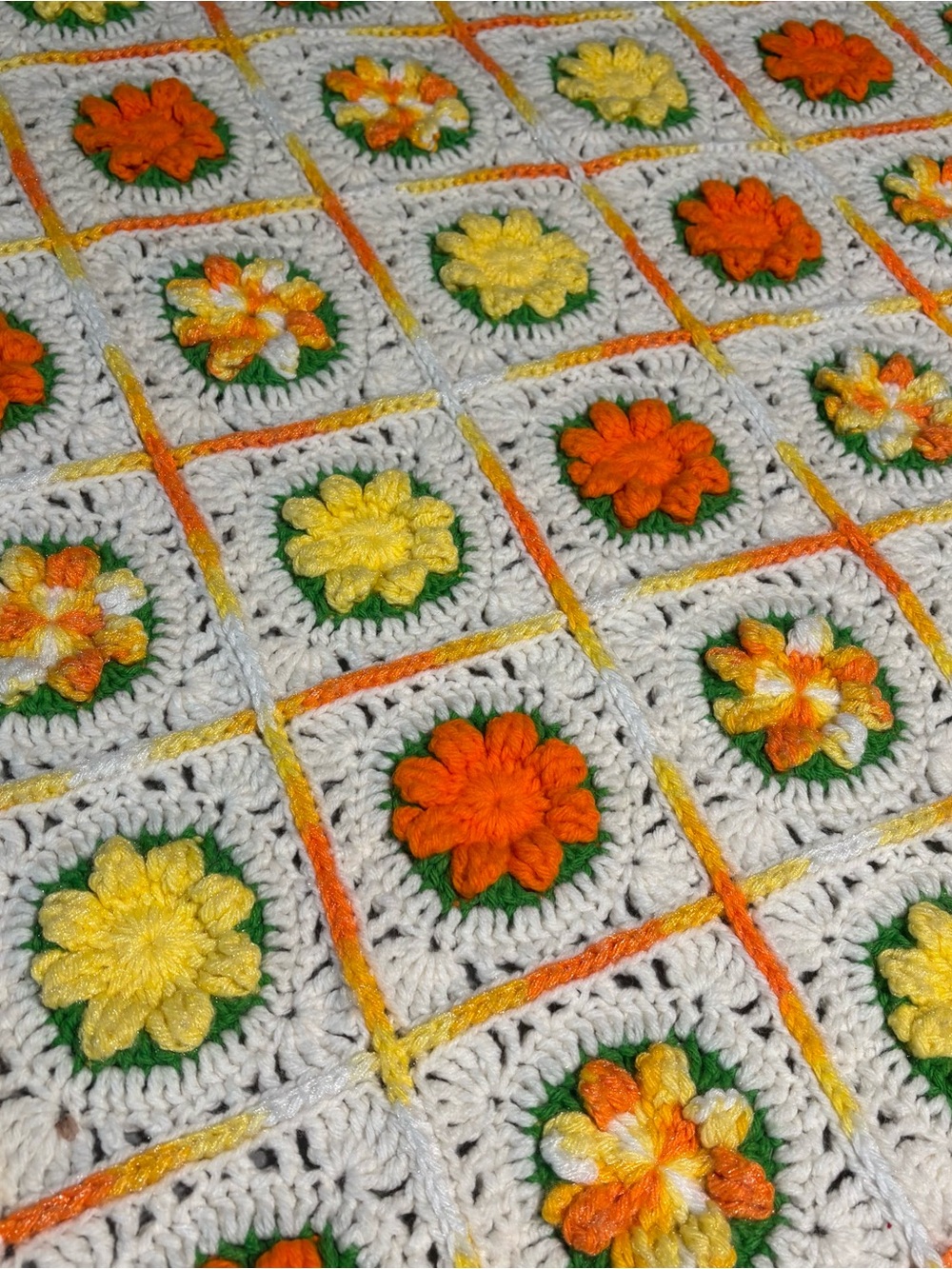 Afghan 3D Granny Flower Knitted Crochet Throw Blanket Orange Yellow 72x45 Groovy - Picture 2 of 8